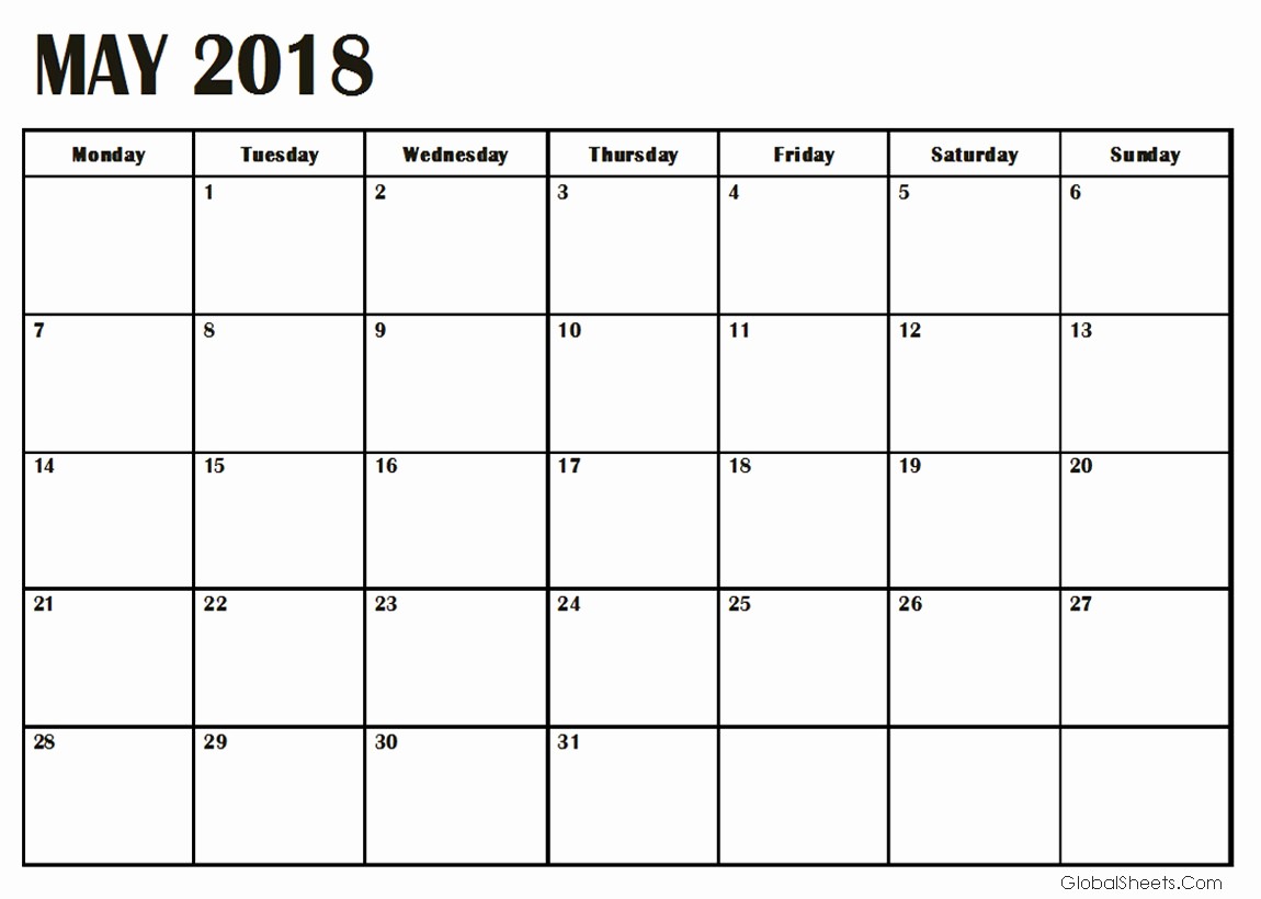 Blank May 2018 Calendar Printable Lovely May 2018 Blank Calendar Printable