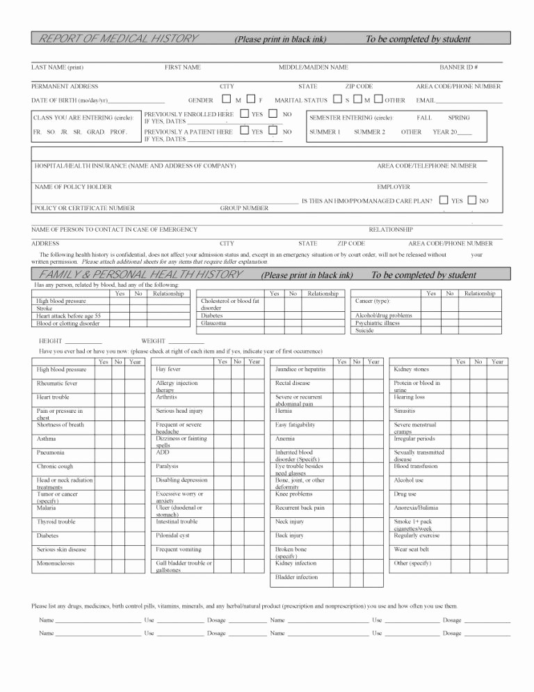 Blank Medical History form Printable Lovely 67 Medical History forms [word Pdf] Printable Templates