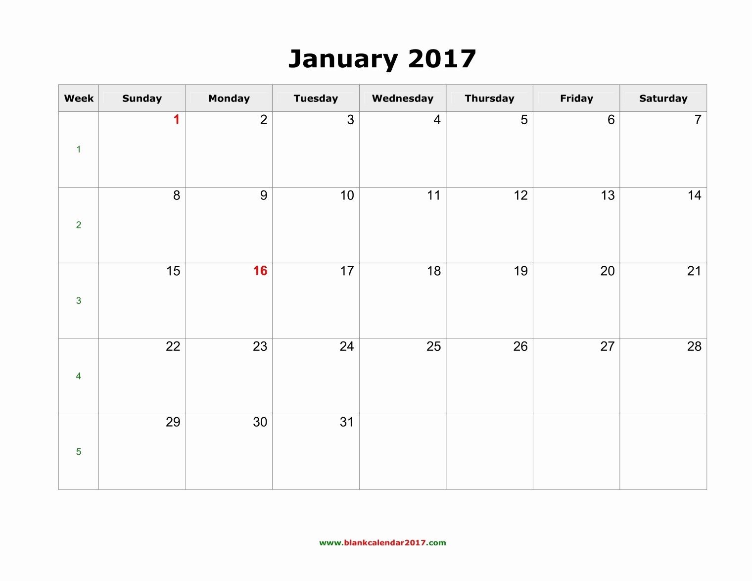 Blank Monthly Calendar Template Word New Blank Calendar January 2017 Landscape