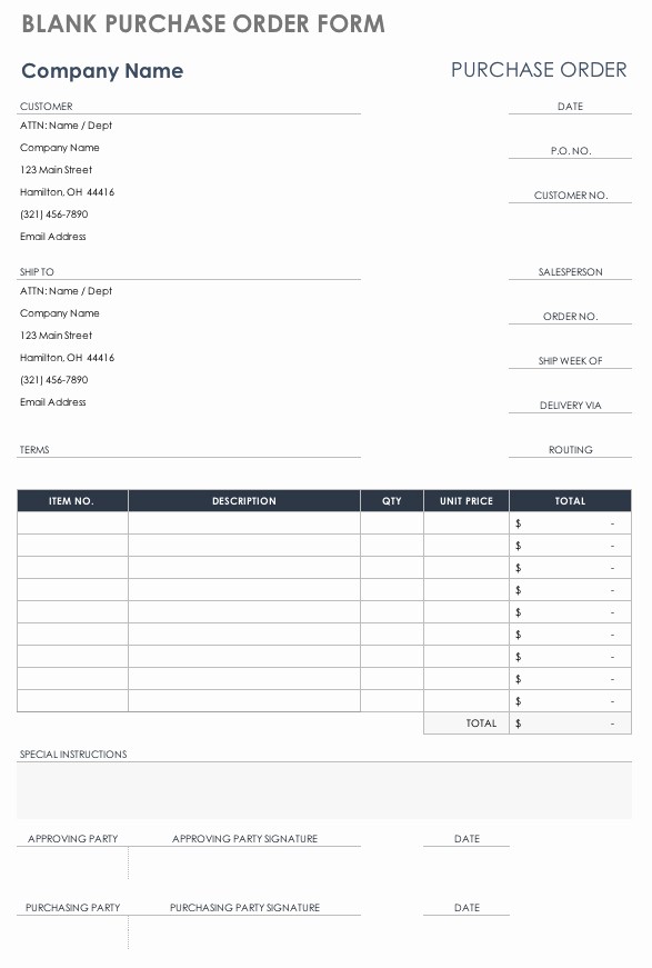 Blank order form Template Excel Best Of Free Purchase order Templates
