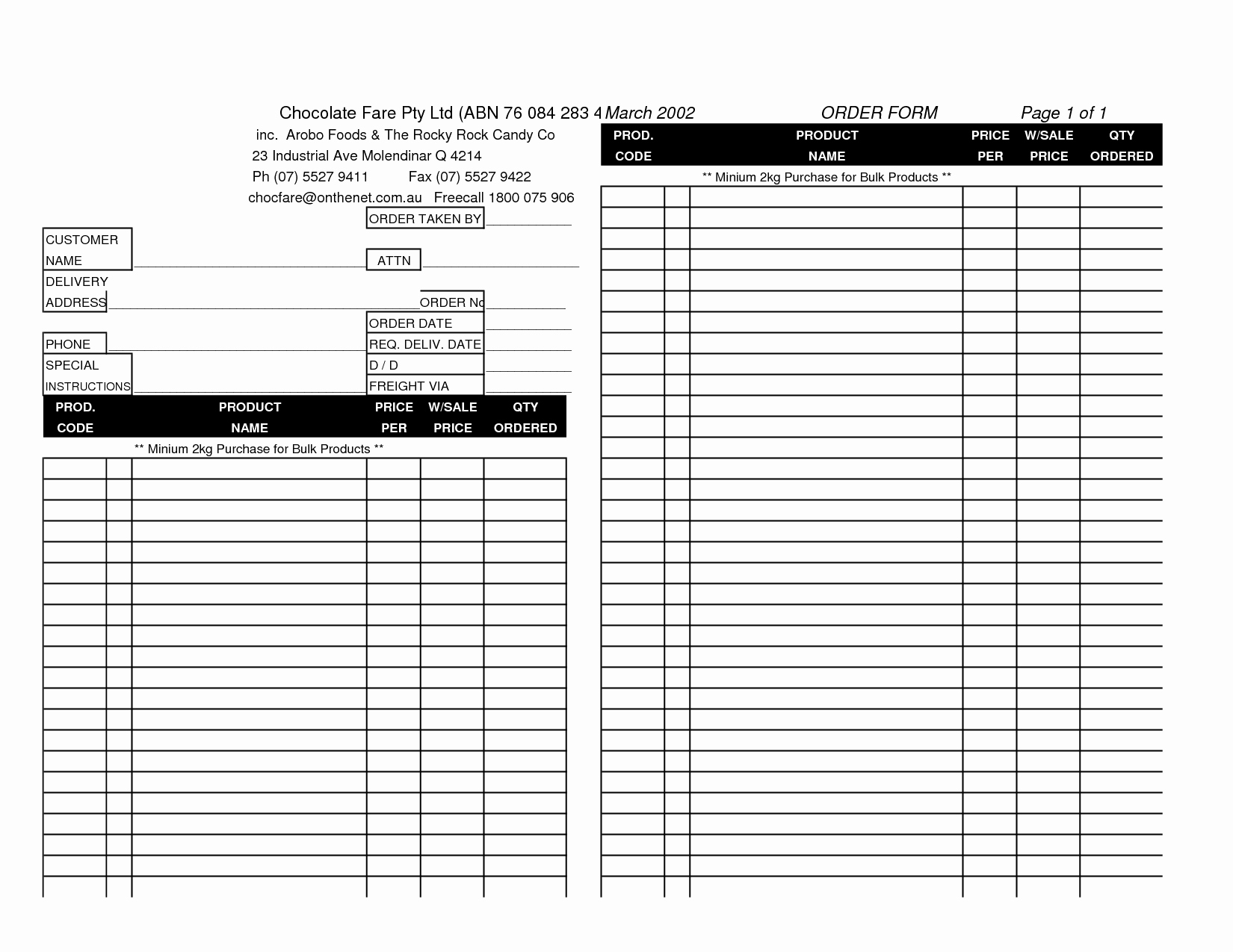 post free printable blank order form template