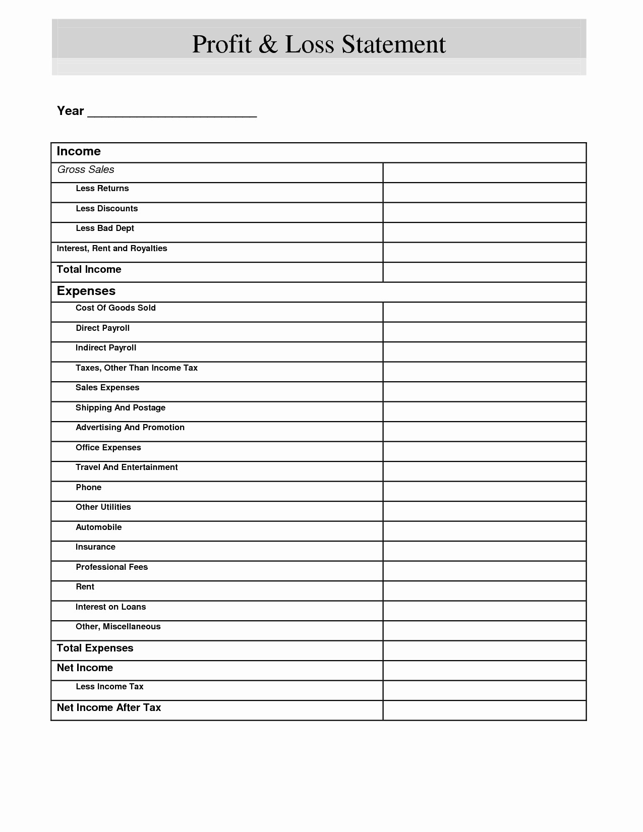 Blank Profit and Loss Sheet Inspirational Blank Profit and Loss Statement form Templates Resume