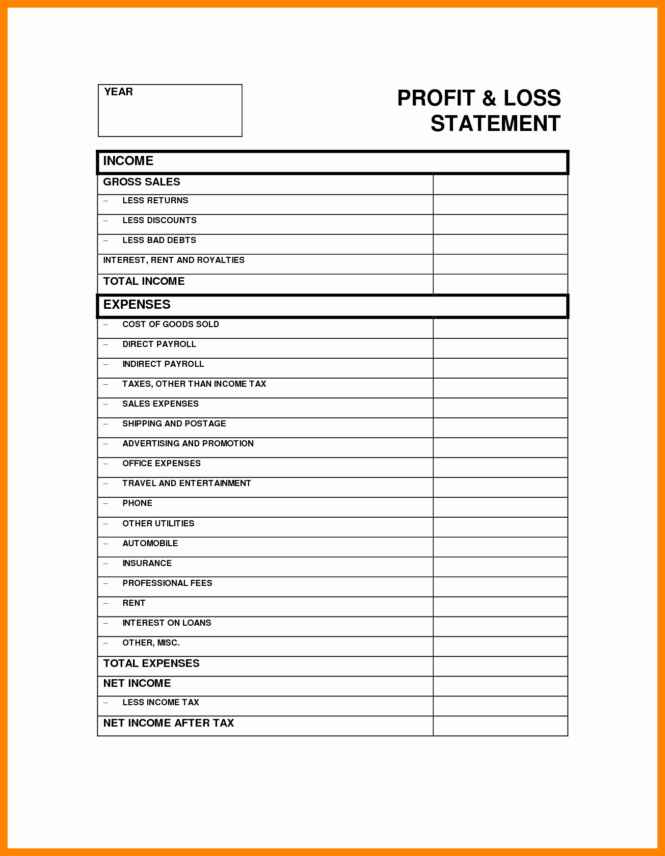 Blank Profit and Loss Sheet Lovely Printable Profit and Loss Statement