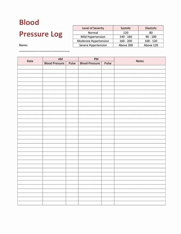 printable blood pressure log with pulse