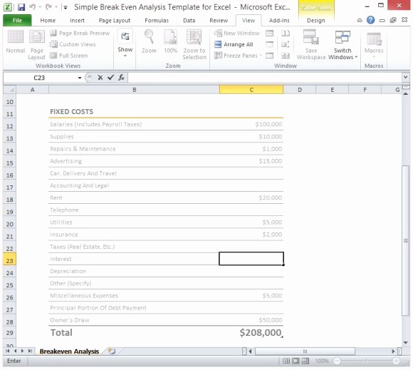 Break even Point In Excel Luxury Simple Breakeven Analysis Template for Excel 2013