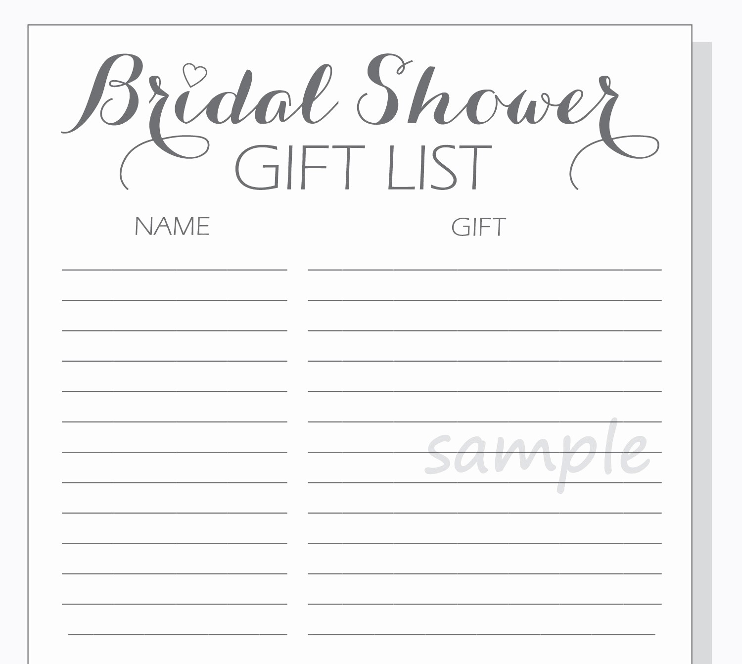 Bridal Shower Gift List Sheet Awesome Diy Bridal Shower Gift List Printable Calligraphy Script