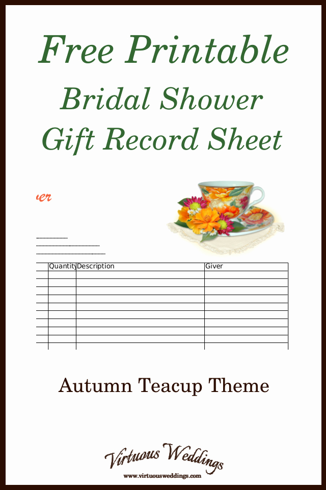 Bridal Shower Gift List Sheet Best Of Autumn themed Teacup Bridal Shower Gift Record Sheet Free