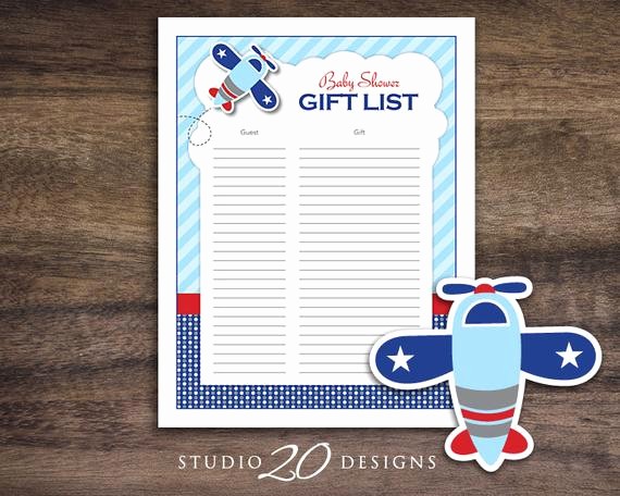 Bridal Shower Gift List Sheet Elegant Instant Download Airplane Baby Shower Gift List Printable