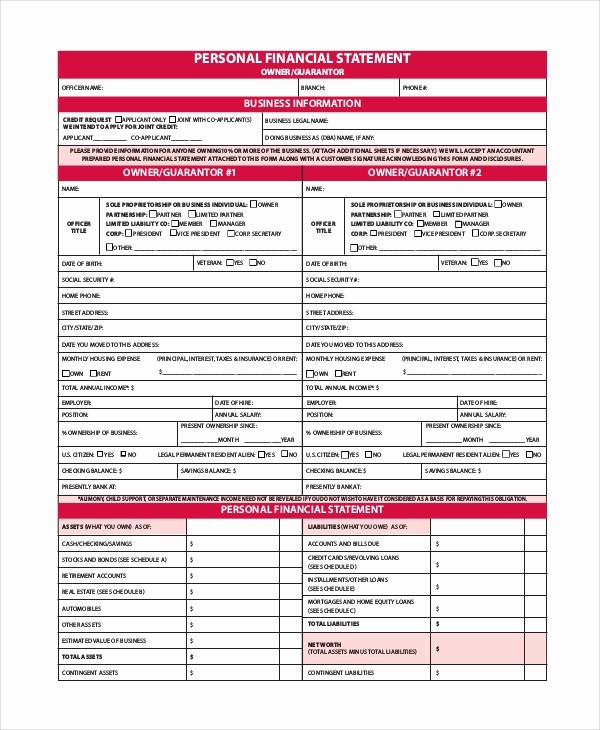 Business P&amp;amp;l Statement New Personal Financial Statement form 7 Free Pdf Word