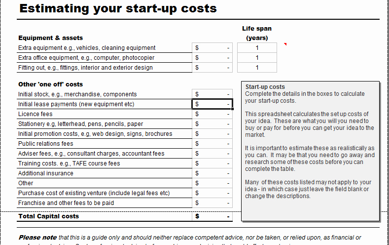 Business Plan Startup Costs Template Inspirational Business Start Up Costs Calculator for Excel