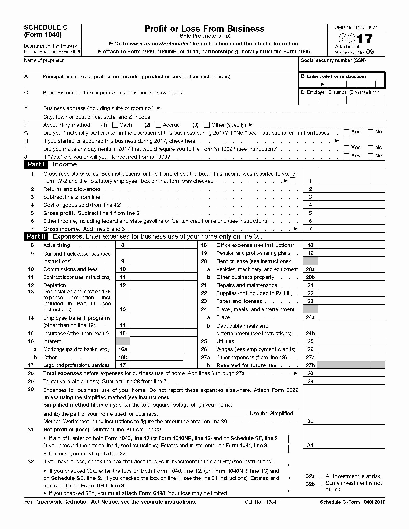 Business Profit and Loss form New 2017 Irs Tax forms 1040 Schedule C Profit Loss From