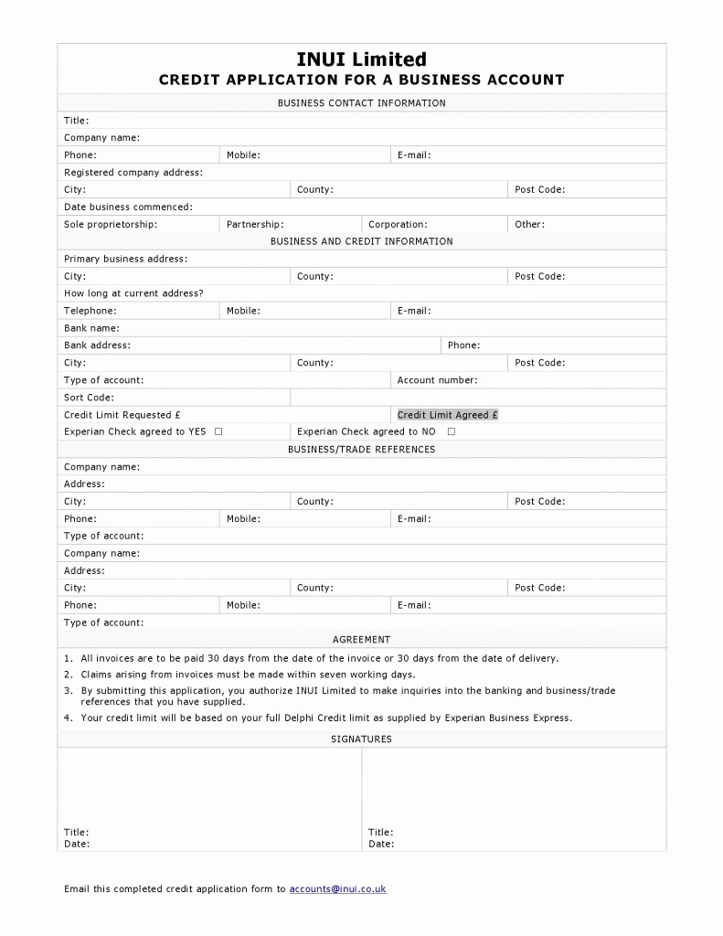 Business to Business Credit Application Fresh Business Credit Application form