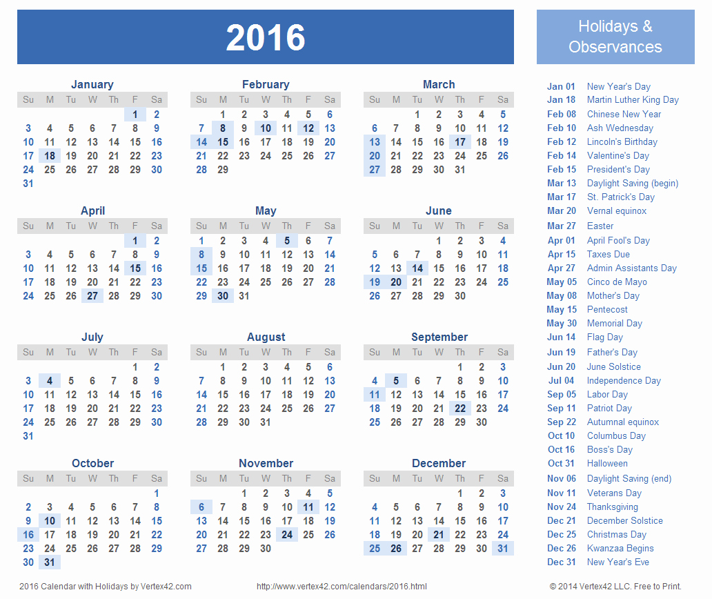 Calendar 2016 Printable with Holidays Elegant 2016 Calendar Templates and