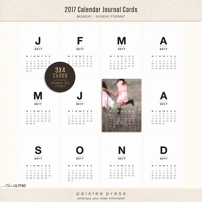 Calendar 2017 Monday to Sunday Beautiful 2017 Calendar Title Cards by Paislee Press