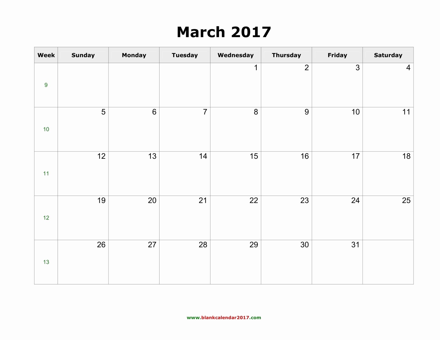 Calendar 2017 Template with Holidays Beautiful Blank Calendar for March 2017