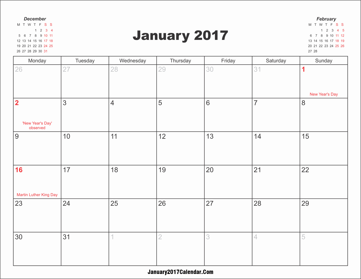 Calendar 2017 Template with Holidays New January 2017 Calendar with Holidays