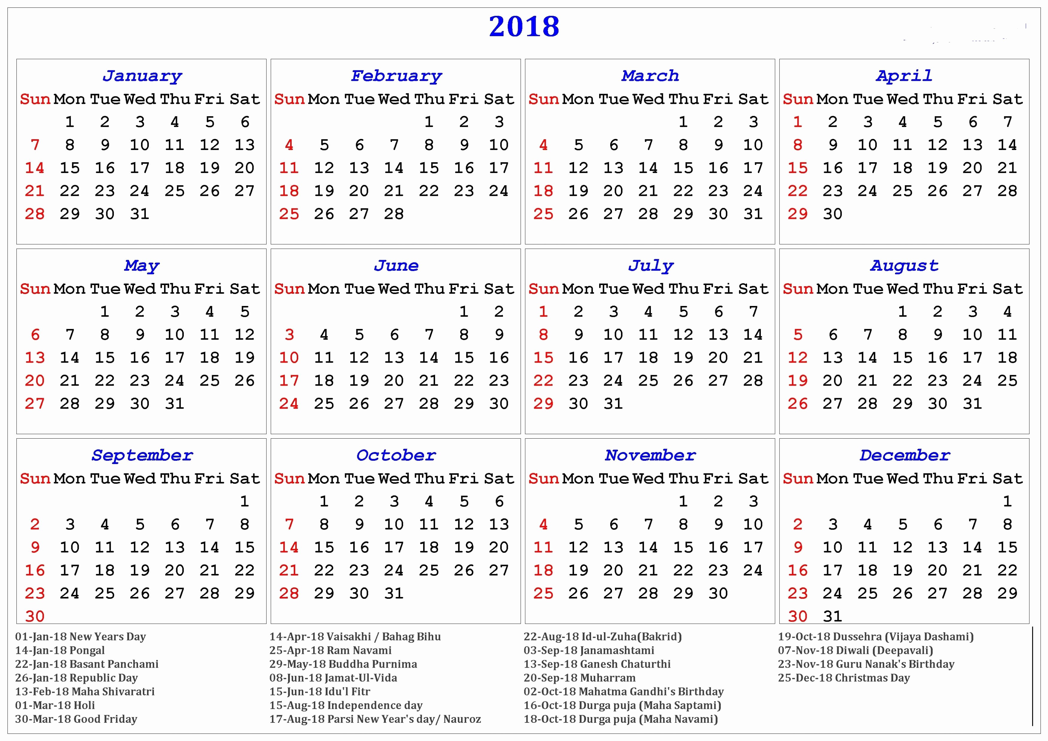 Calendar 2018 Printable with Holidays Beautiful 2018 Calendar with Holidays