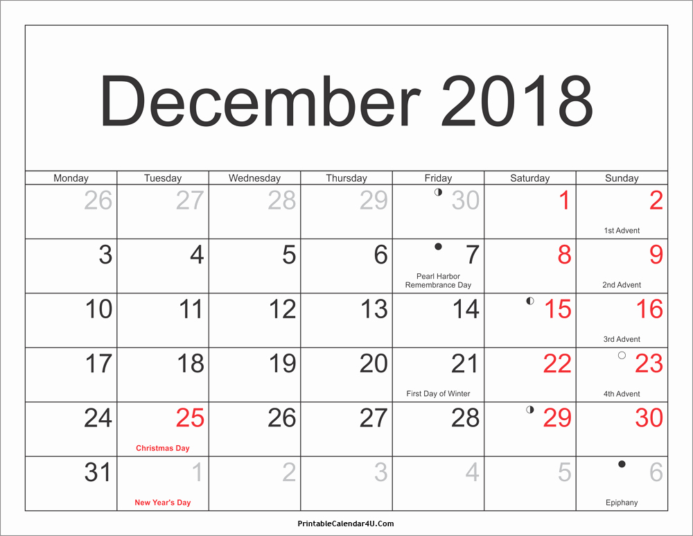 Calendar 2018 Printable with Holidays Fresh December 2018 Calendar Printable with Holidays Pdf and Jpg