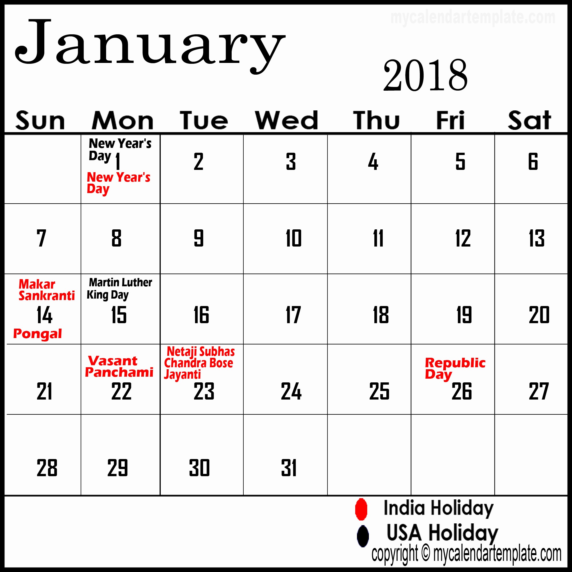 Calendar 2018 Printable with Holidays Inspirational January 2018 Calendar with Holidays