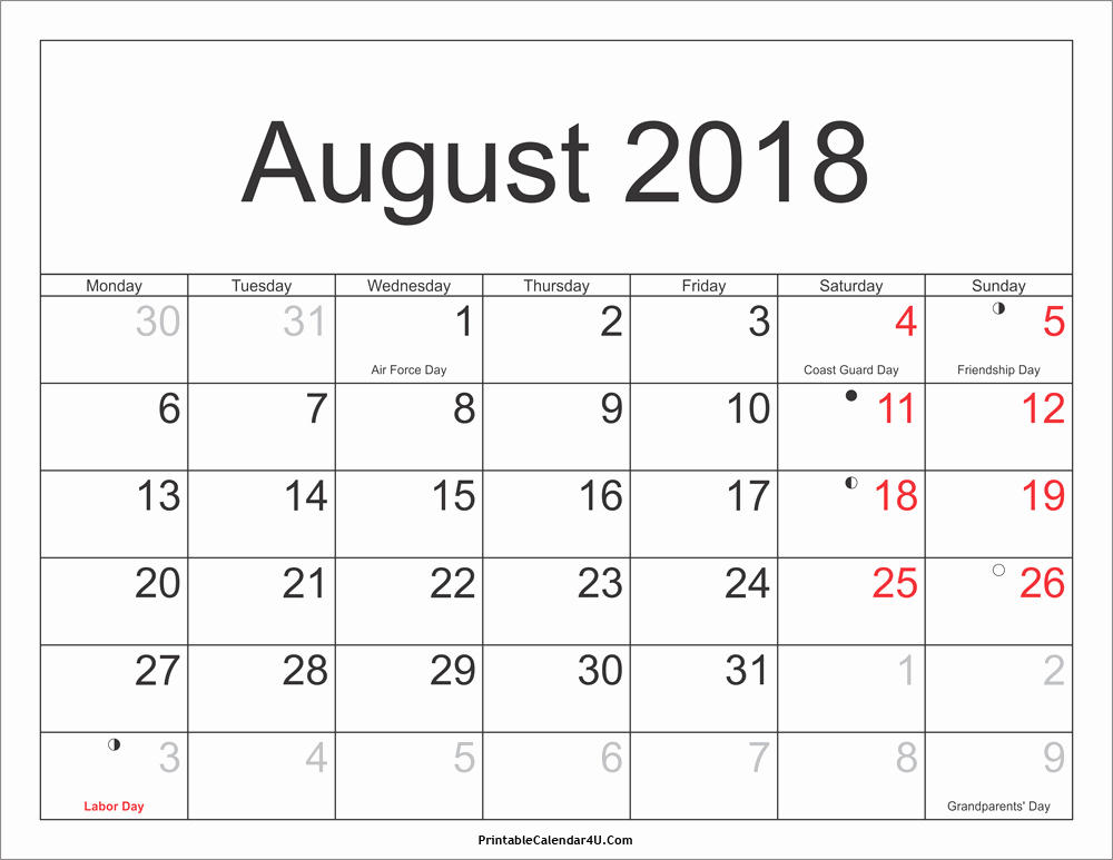 Calendar 2018 Printable with Holidays New August 2018 Calendar Printable with Holidays Pdf and Jpg