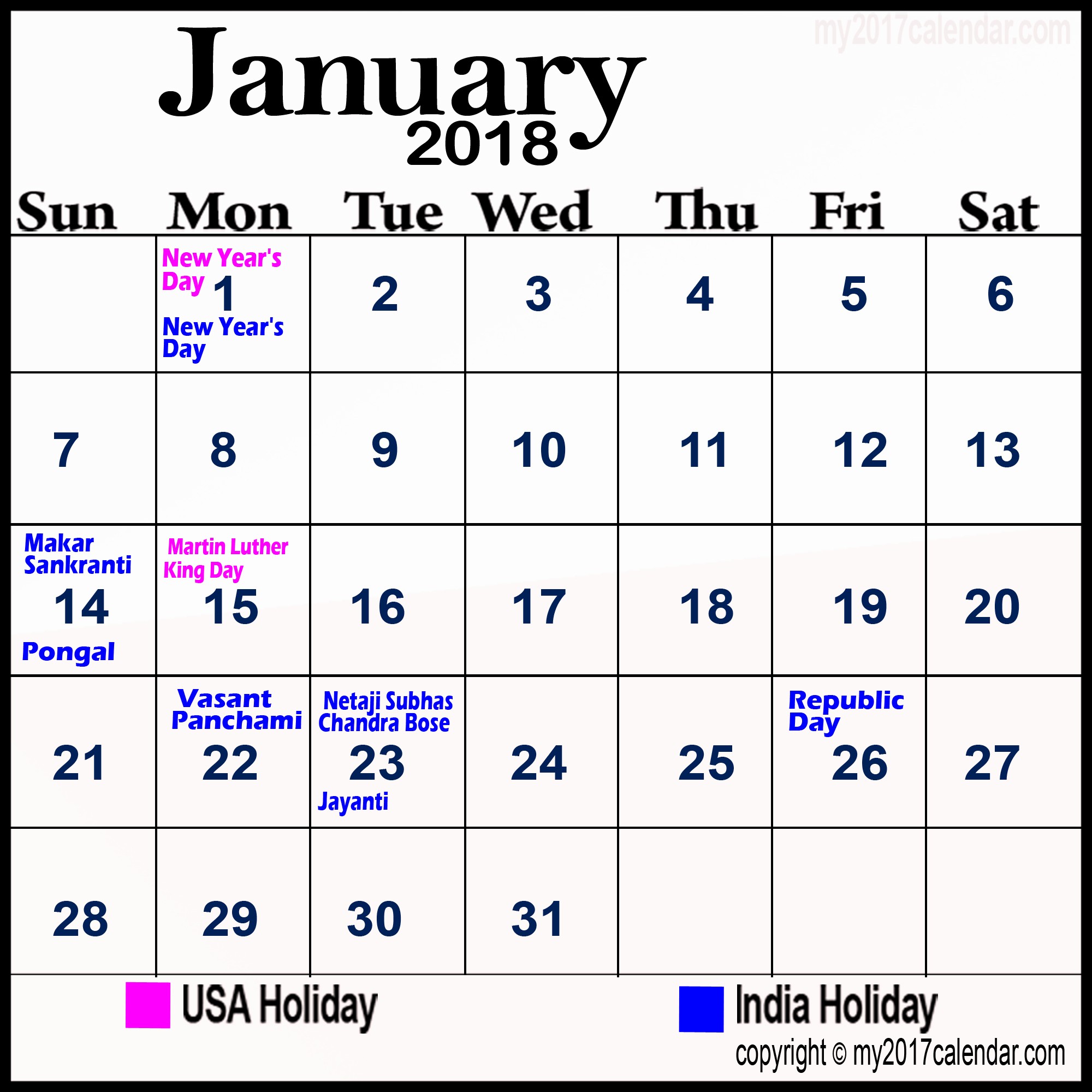 Calendar 2018 Printable with Holidays New January 2018 Calendar with Holidays