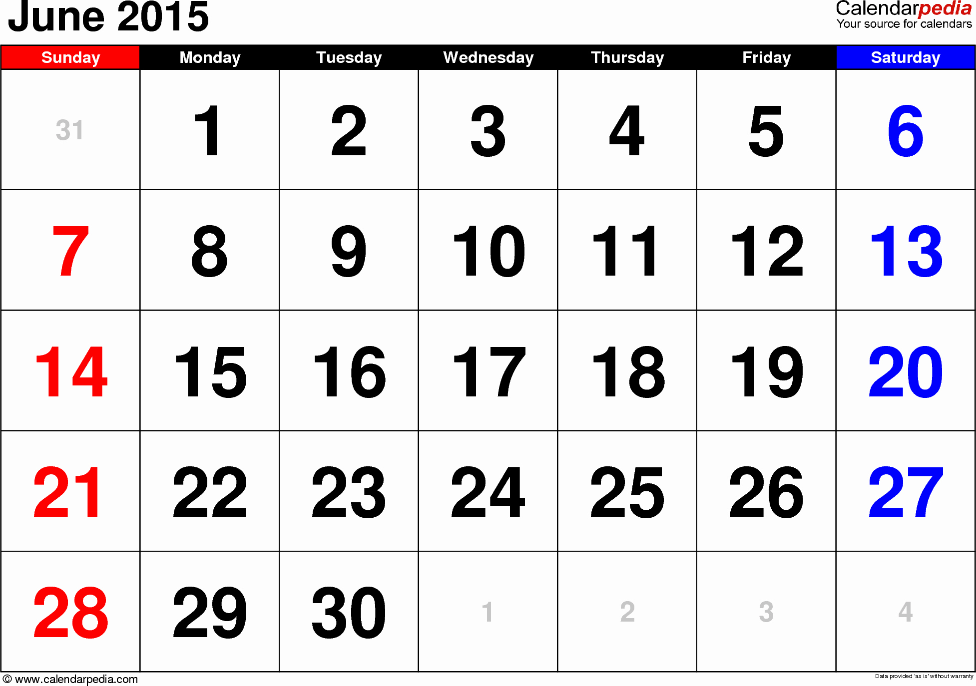 Calendar Template for June 2015 Fresh June 2015 Calendars for Word Excel &amp; Pdf