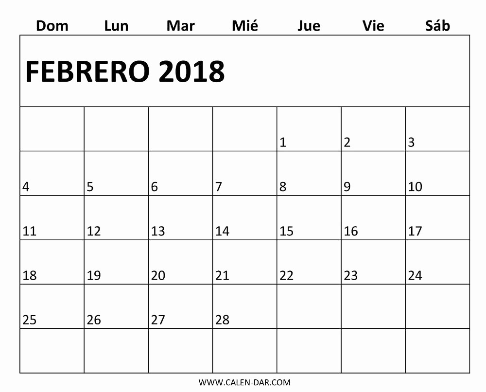 Calendario Febrero 2018 Para Imprimir Elegant Plantilla Mensual Calendario 2018 Febrero Para Imprimir