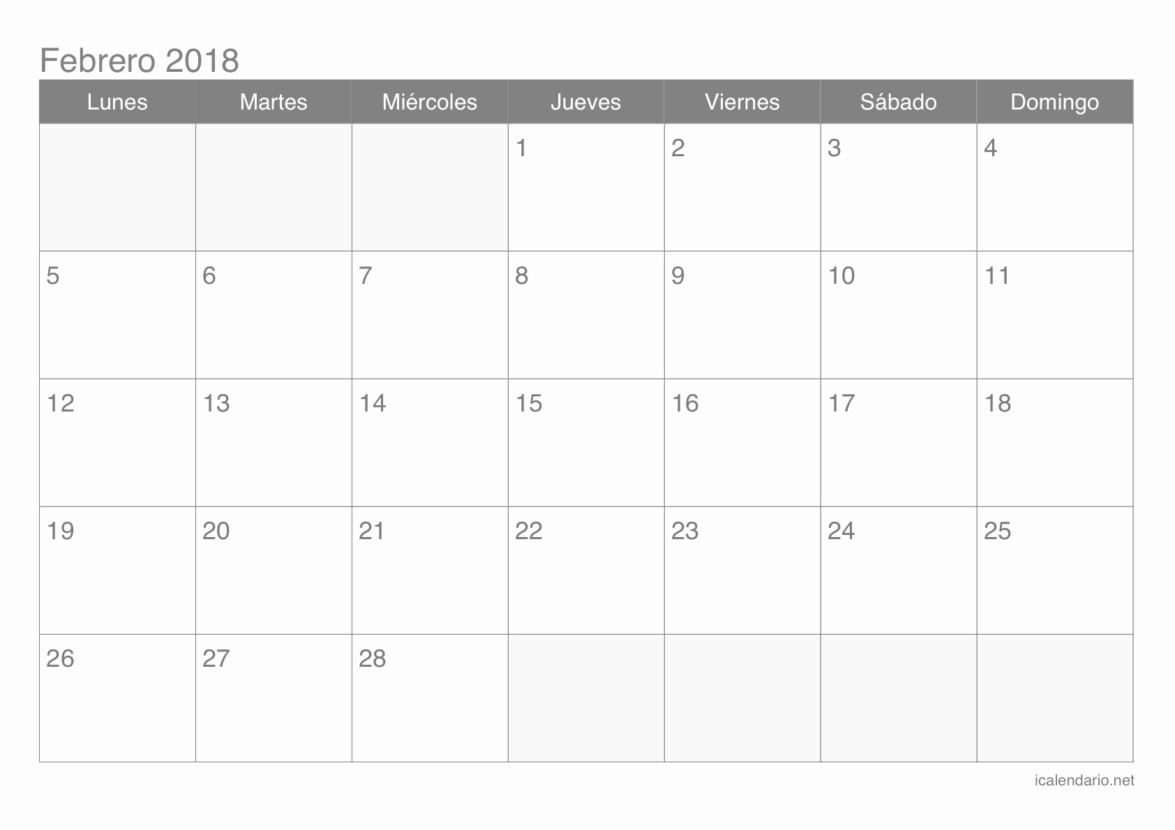 Calendario Febrero 2018 Para Imprimir New Calendario Febrero 2018 Para Imprimir Icalendario
