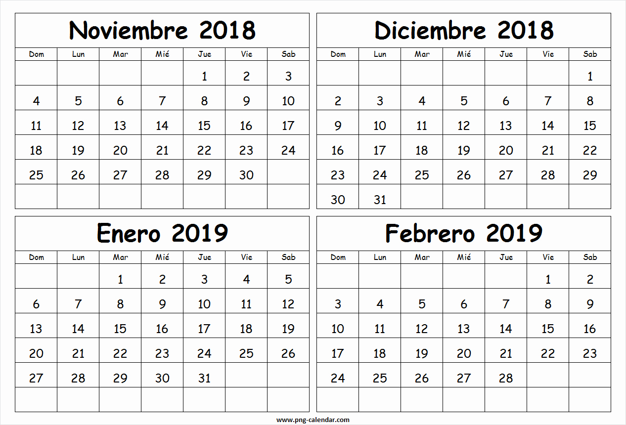 Calendario Febrero 2018 Para Imprimir Unique Calendario Noviembre Diciembre 2018 Enero Febrero 2019