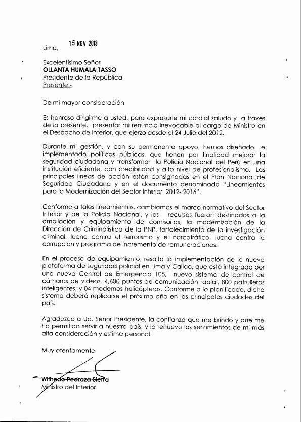 Carta Dirigida A Una Autoridad Inspirational Mininter Perú On Twitter &quot;carta De Renuncia Del Ministro