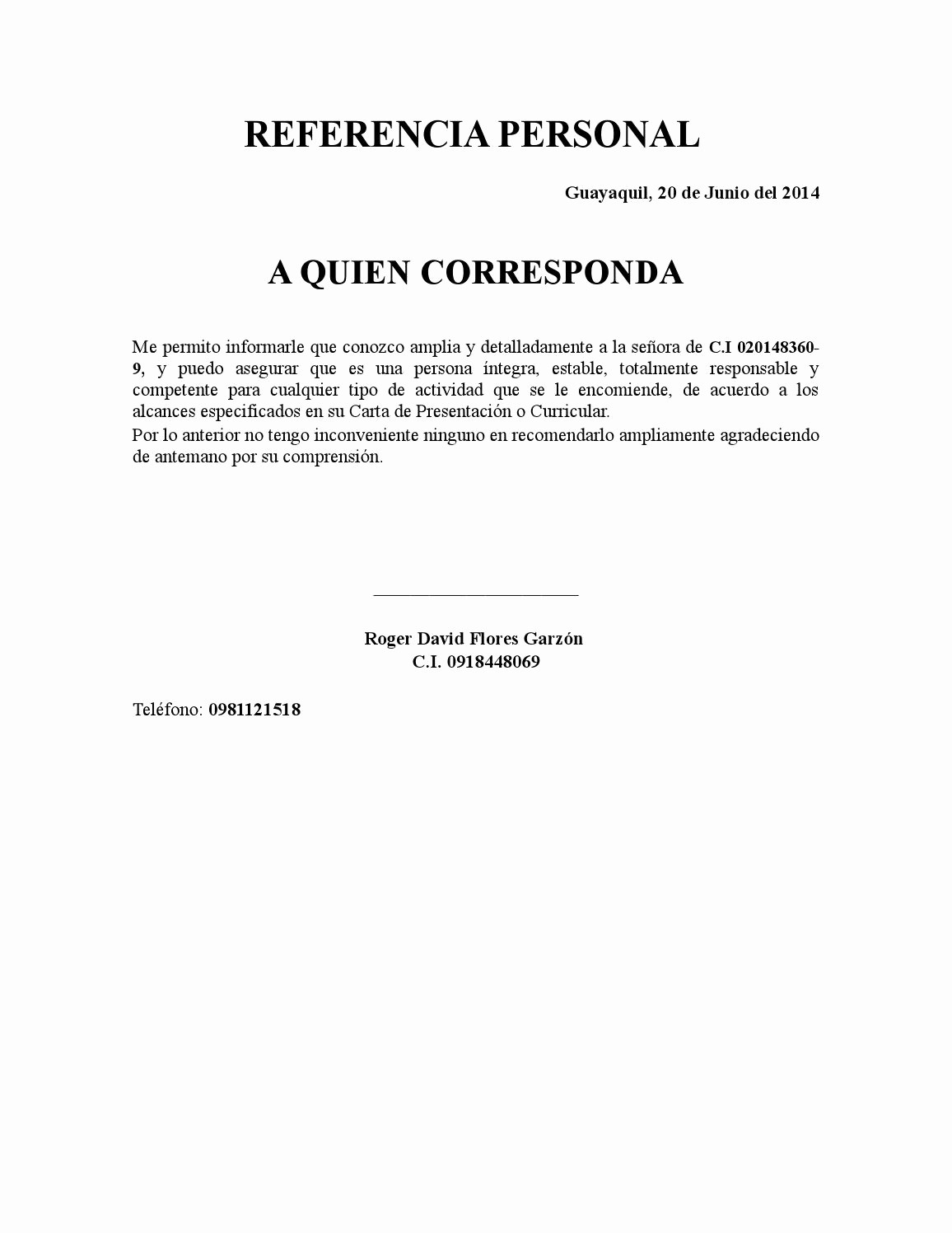 Cartas De Referencia De Trabajo Elegant Referencia Personal Copia by Roger David Flores Garzon issuu