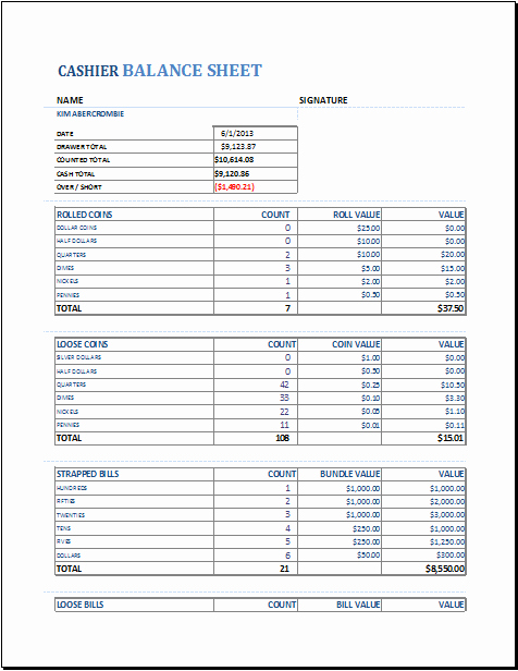 Cash Drawer Balance Sheet Template Inspirational Cashier Balance Sheet Template for Excel