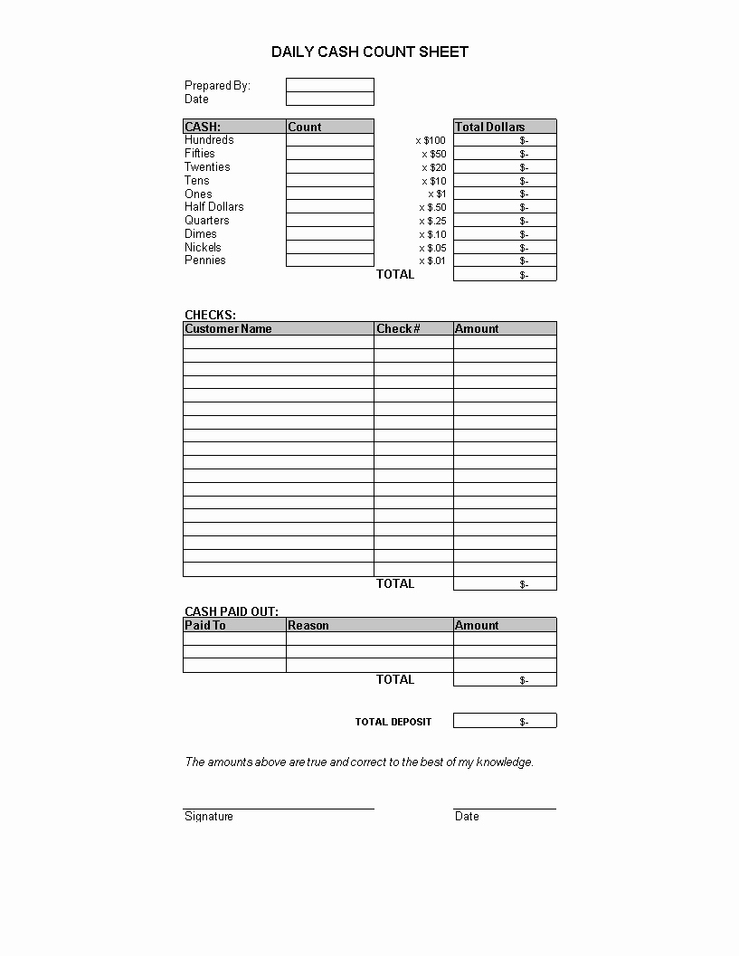 Cash In Cash Out Template Lovely Free Daily Cash Sheet