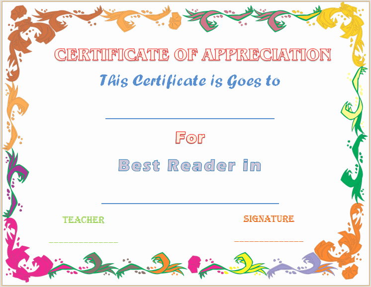 Certificate Of Appreciation for Students Unique Reader Certificates
