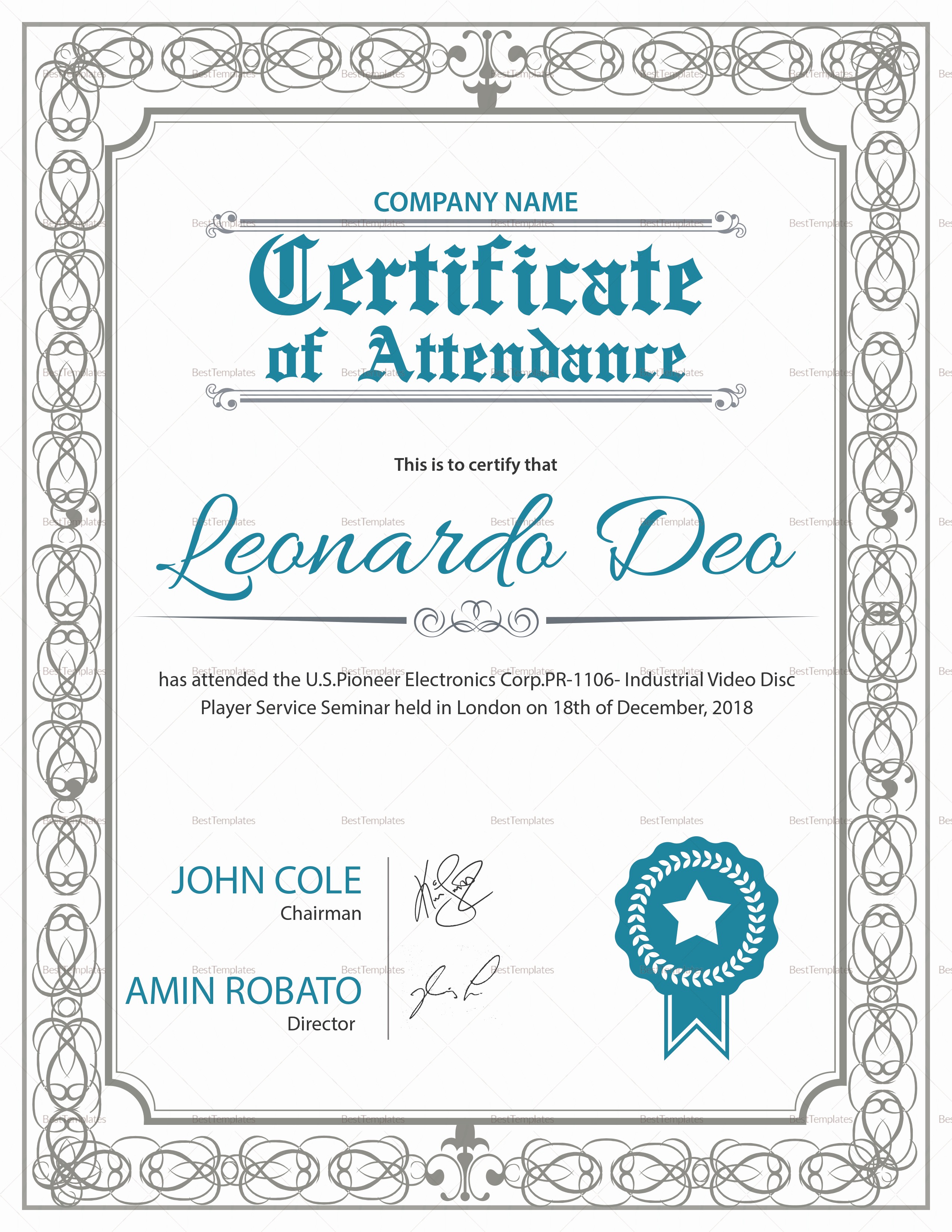 Certificate Of attendance Template Word Lovely Regular attendance Certificate Design Template In Psd Word