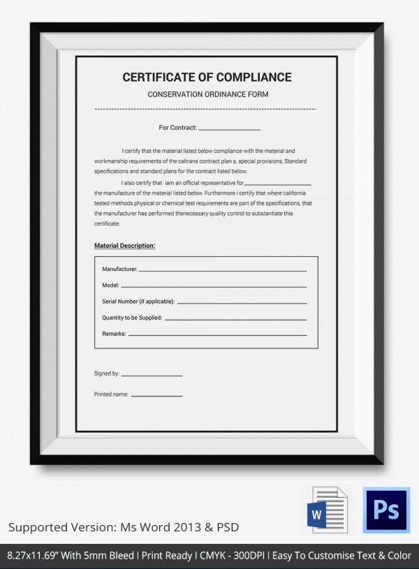 Certificate Of Compliance Template Word Inspirational Certificate Of Pliance Templates – 9 Word Pdf Psd