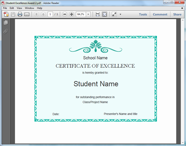 Certificate Of Excellence for Students Inspirational Student Excellence Award Templates for Pdf