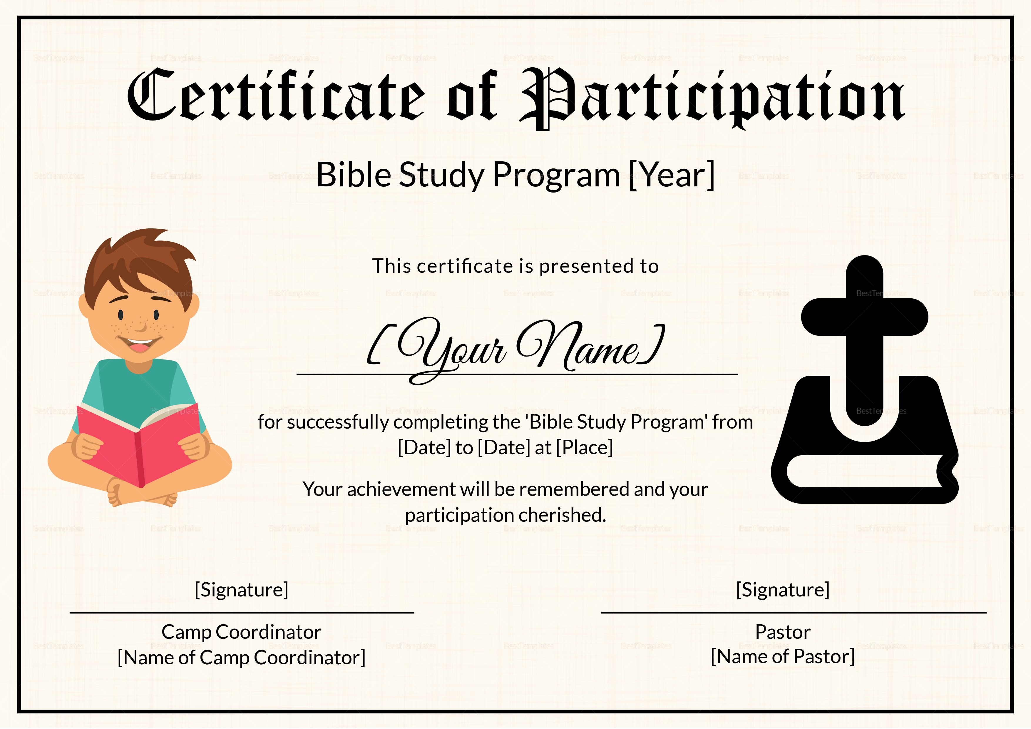 Certificate Of Participation for Kids Beautiful Bible Prophecy Program Certificate for Kids Design