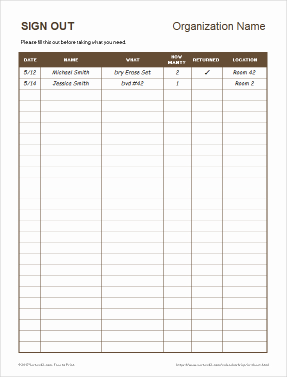Check In and Out Template Fresh Equipment Sign Out Sheet