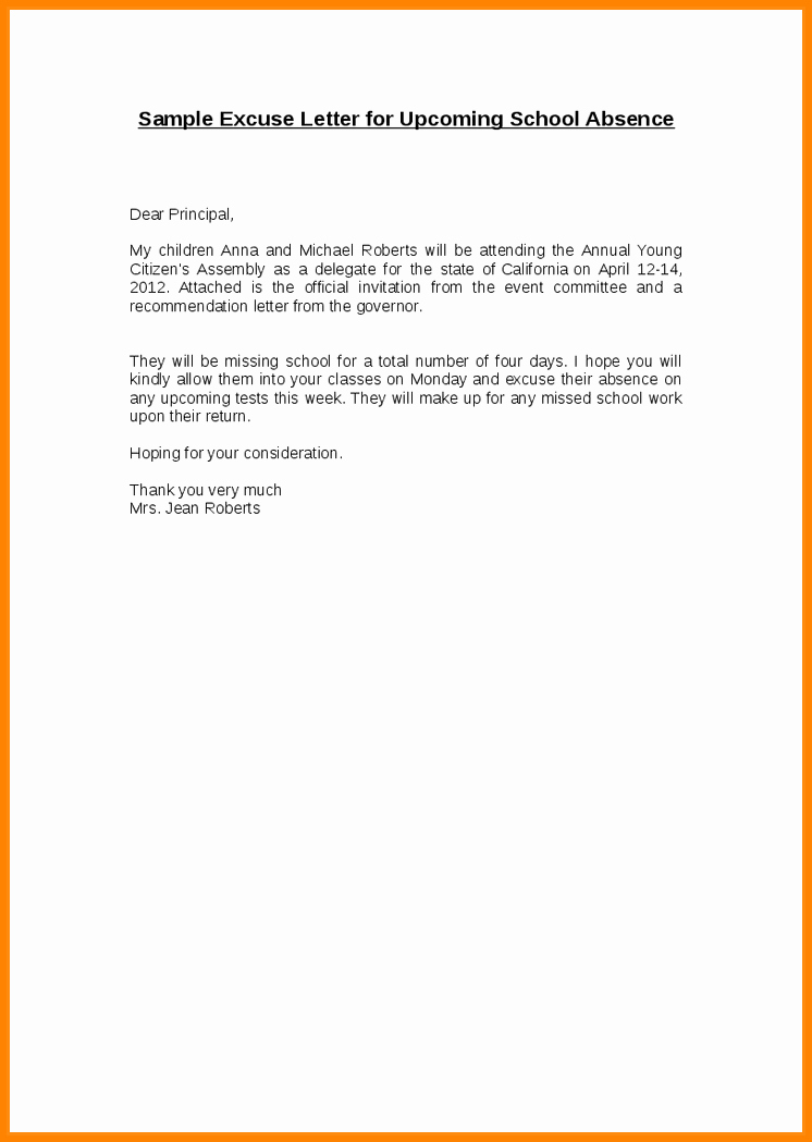 Child Absence From School Letter Inspirational 6 Sample Letter Of Absence From School