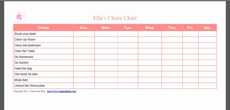 Chore Chart Template Free Download Fresh Free Printable Chore Chart Template