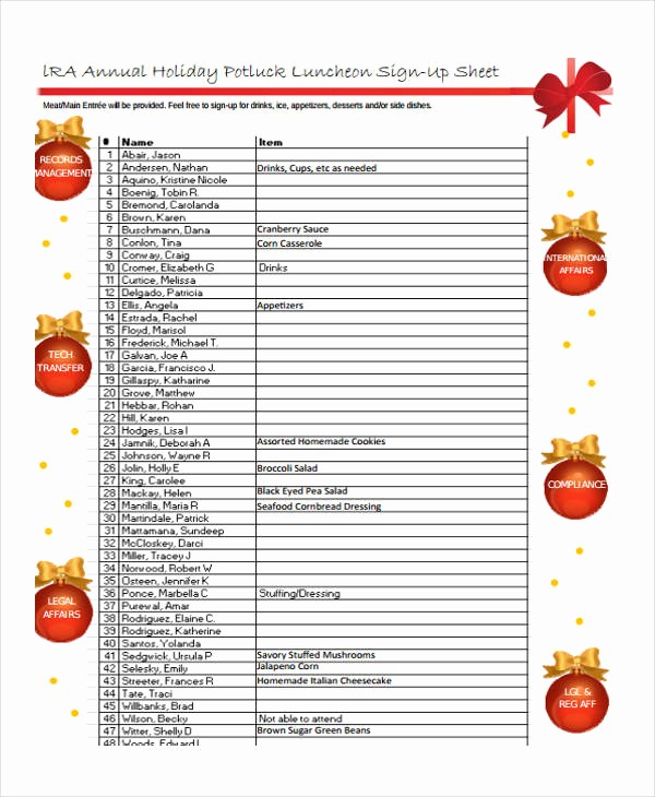 Christmas Sign Up Sheet Templates Awesome 7 Potluck Signup Sheet Templates Free Sample Example