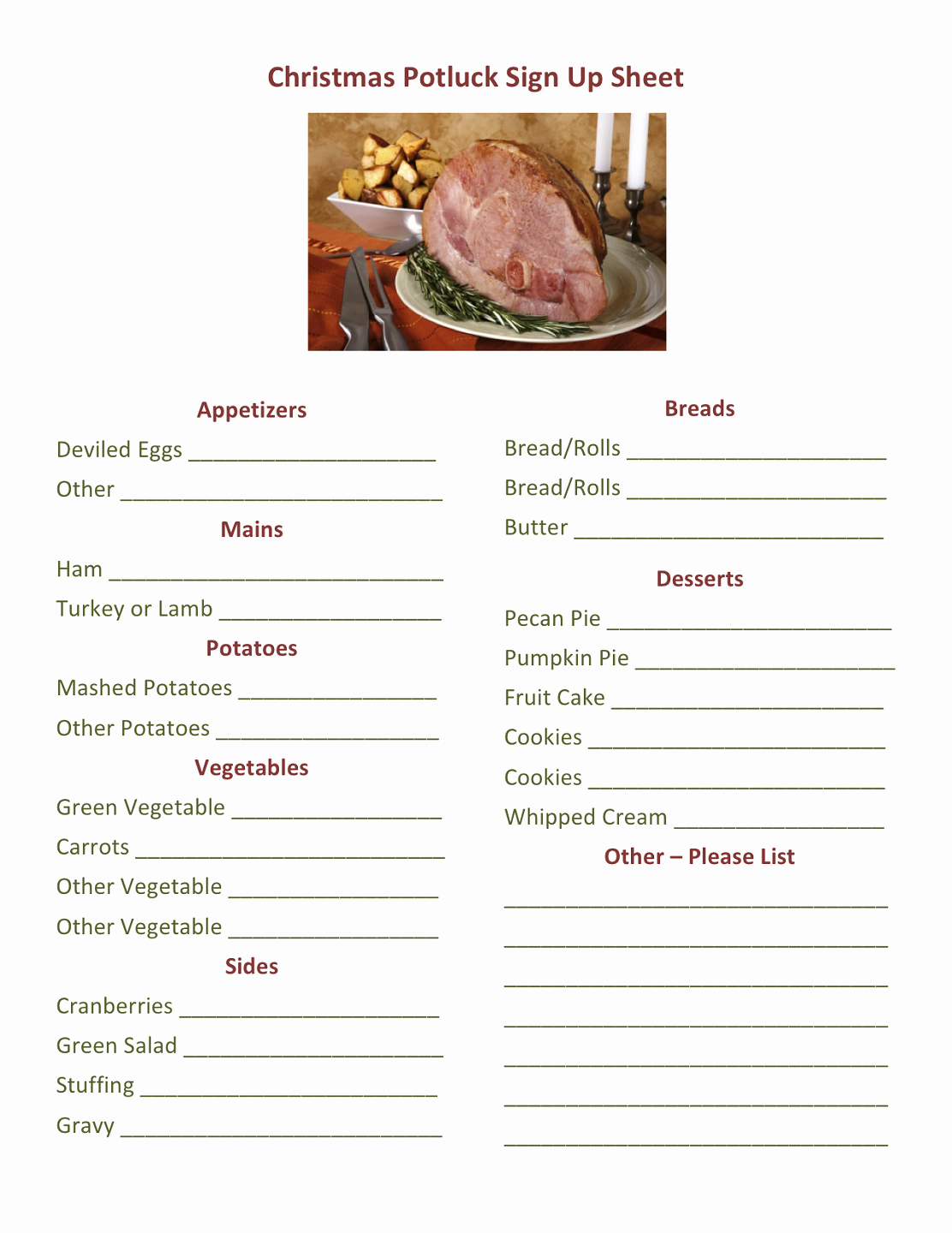 Christmas Sign Up Sheet Templates Awesome Potluck Dinner Sign Up Sheet Printable