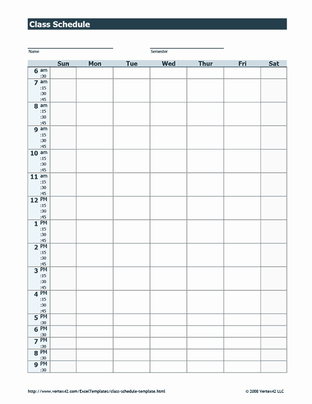 College Class Schedule Template Printable Luxury Free Printable Class Schedule Pdf From Vertex42