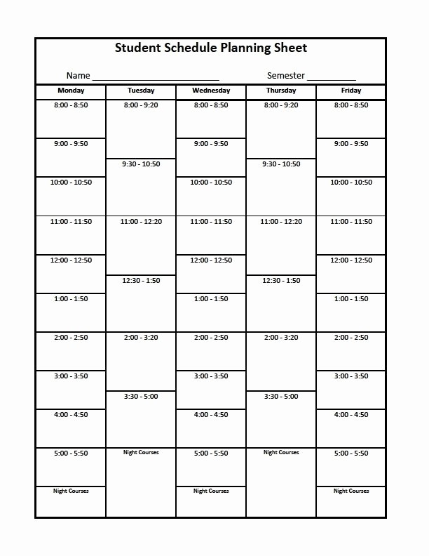 College Class Schedule Template Printable Unique College Class Schedule Template