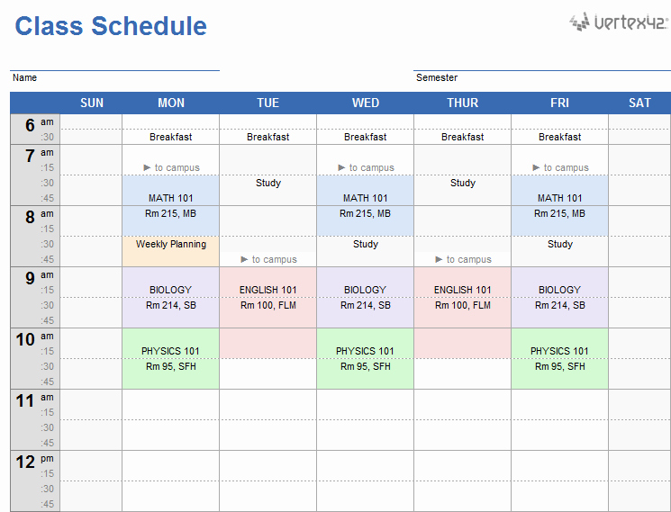 College Class Schedule Template Printable Unique Weekly Class Schedule Template for Excel