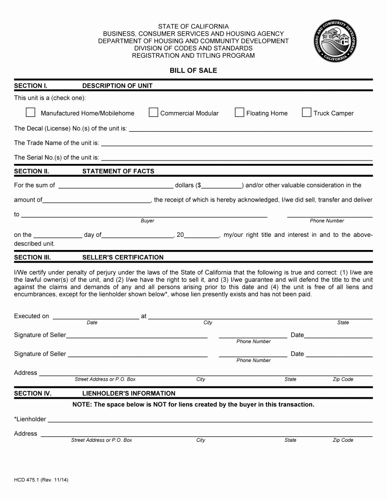 Commercial Truck Bill Of Sale New Free California Mobile Home Bill Of Sale form Pdf