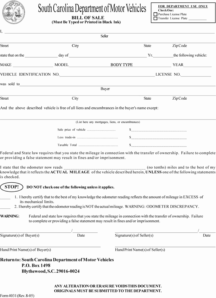 Commercial Vehicle Bill Of Sale Lovely Free south Carolina Motor Vehicle Bill Of Sale form Pdf