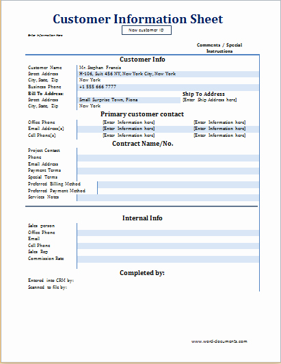 Contact Information form Template Word Unique Customer Information Sheet Template at Word Documents