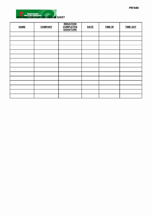Contractor Sign In Sheet Template Beautiful Visitor Contractor Sign In Sheet Printable Pdf